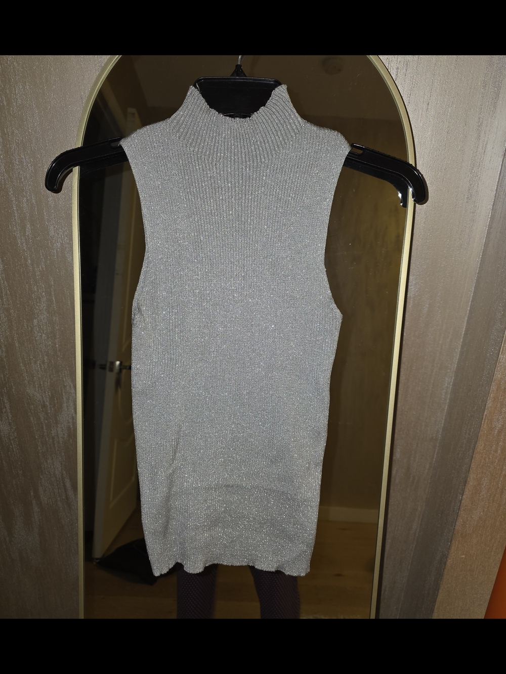 Sleeveless Metallic Silver Mock Neck Knit Top